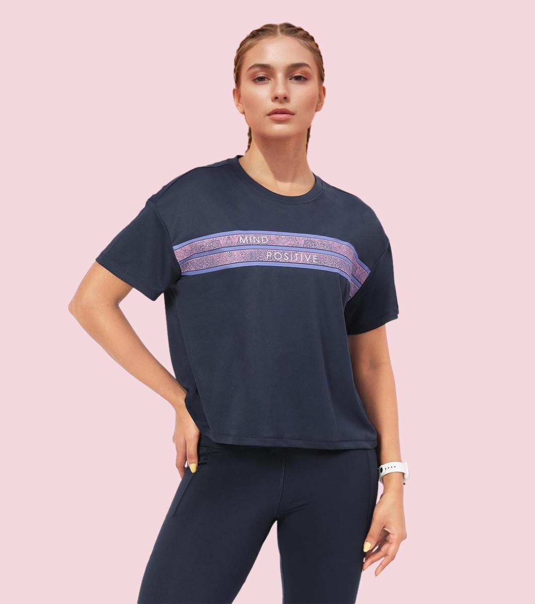 Enamor A311 Typographic Printed Drop Shoulder Sleeves Relaxed Fit Crop T-shirt - Navy-Mind Positive