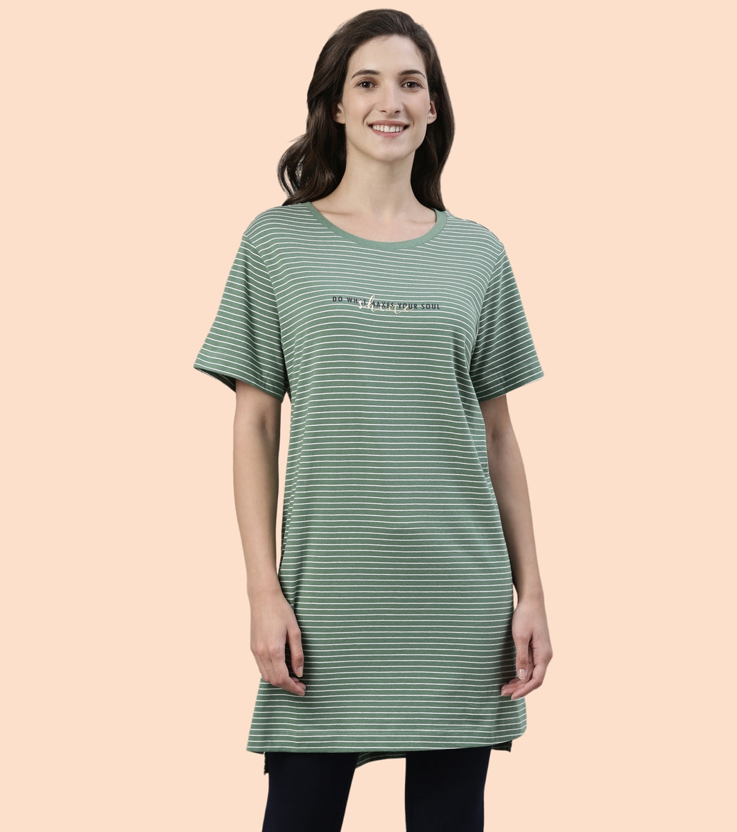 Tunic Tee – Stripes | Short Sleeve Tunic Tee With Side Slit & Mindful Graphic