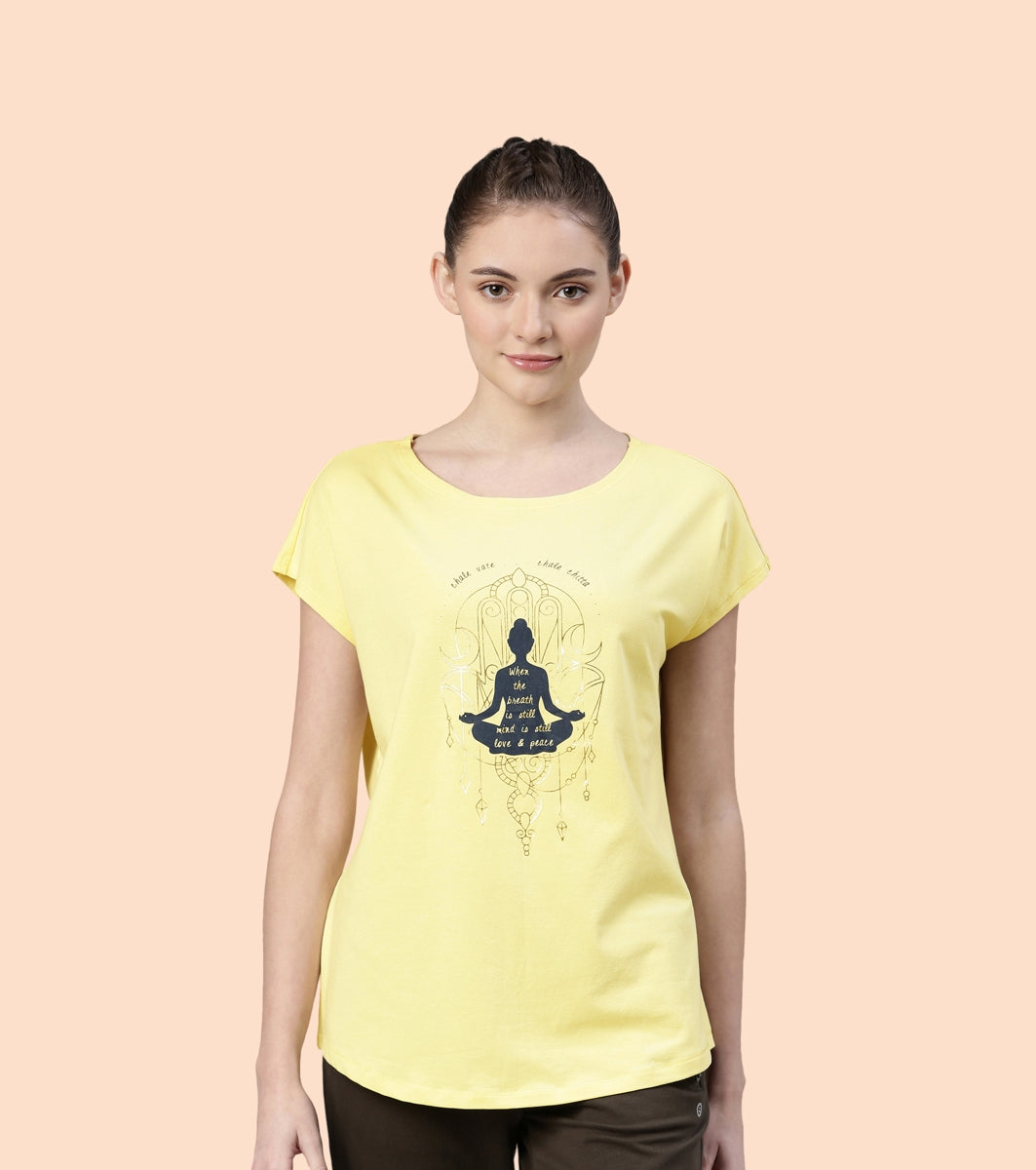 Meditate Tee | Dolman Sleeve Boat Neck Anti-Odour Stretch Cotton Graphic Printed Tee