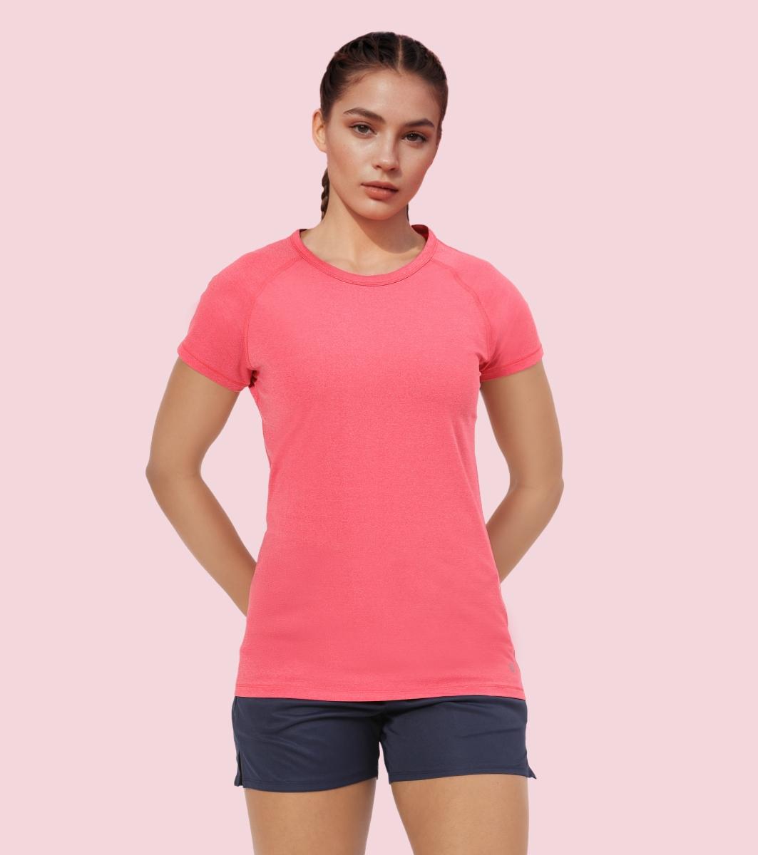 Enamor E089 Raglan Sleeve Scoop Neck Slim Fit Active T-Shirt With Reflective Graphic Print On Back - Raspberry Melange