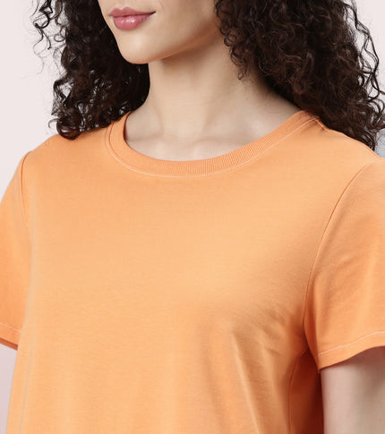  Enamor Basic Stretch Cotton Tee | Short Sleeve Crew Neck Tee For Women | E305