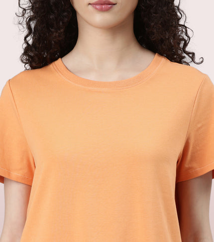  Enamor Basic Stretch Cotton Tee | Short Sleeve Crew Neck Tee For Women | E305