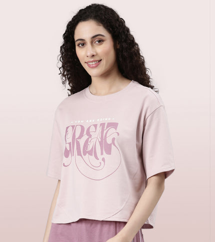 Enamor Cotton Terry Graphic T-Shirt For Women | Cropped Length Oversized Fit Tee | E3G4