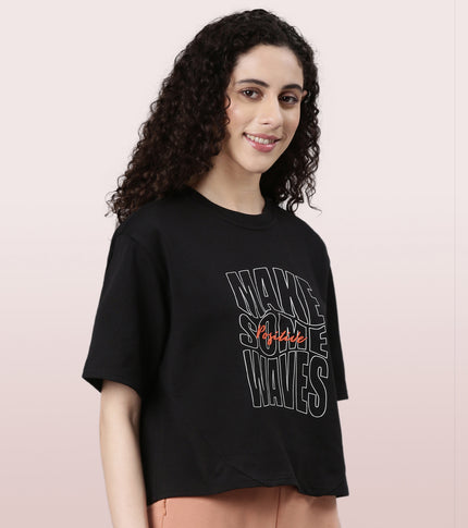 Enamor Cotton Terry Graphic T-Shirt For Women | Cropped Length Oversized Fit Tee | E3G4