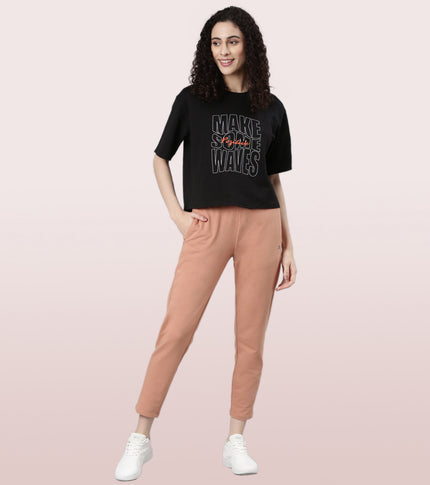 Enamor Cotton Terry Graphic T-Shirt For Women | Cropped Length Oversized Fit Tee | E3G4