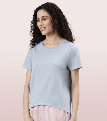  Enamor Basic Stretch Cotton Tee | Short Sleeve Crew Neck Tee For Women | E305