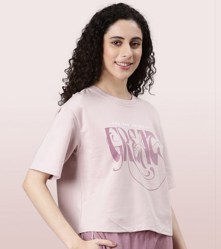 Enamor Cotton Terry Graphic T-Shirt For Women | Cropped Length Oversized Fit Tee | E3G4