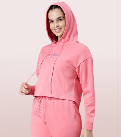 Enamor Hooded Fleece Sweatshirt | Relaxed Fit Crop Length Sweatshirt For Women | A905