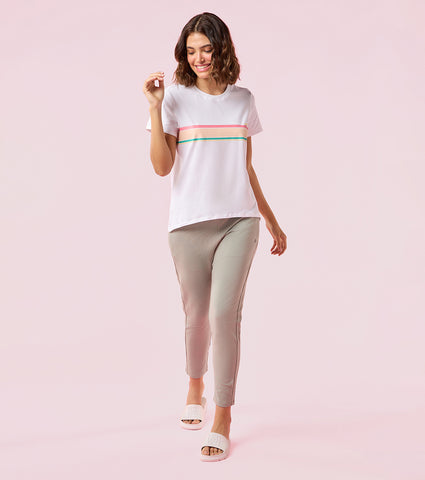 Enamor E3S5 Women Crew Neck Striped Stretch Cotton High-Low T-Shirt - Brt White/Pool Blue Strips