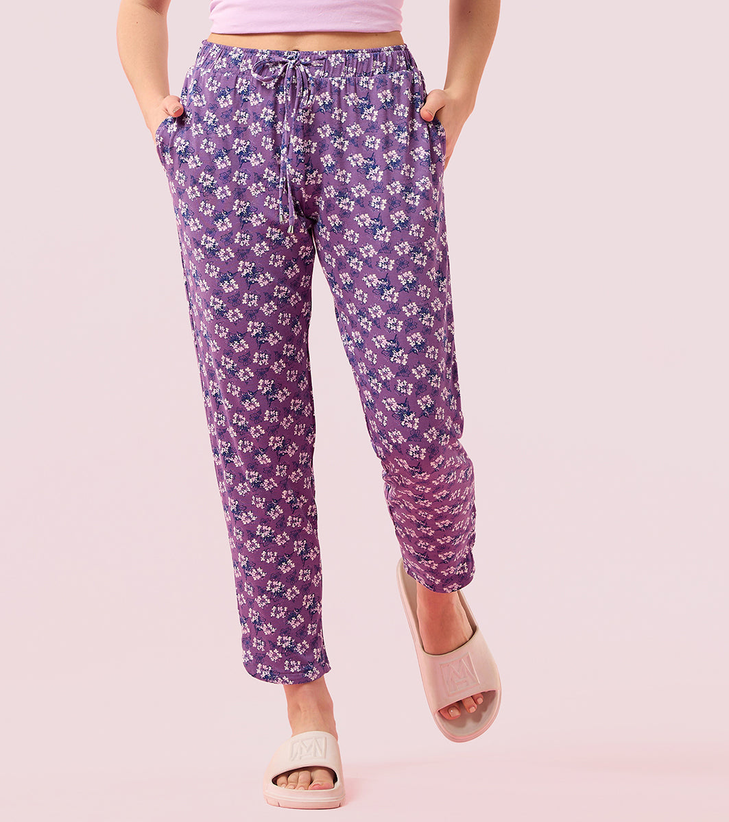 Enamor E048 Tapered Lounge Pants with Drawstring Details with Metal Ends - Chalky Violet Flower Prt