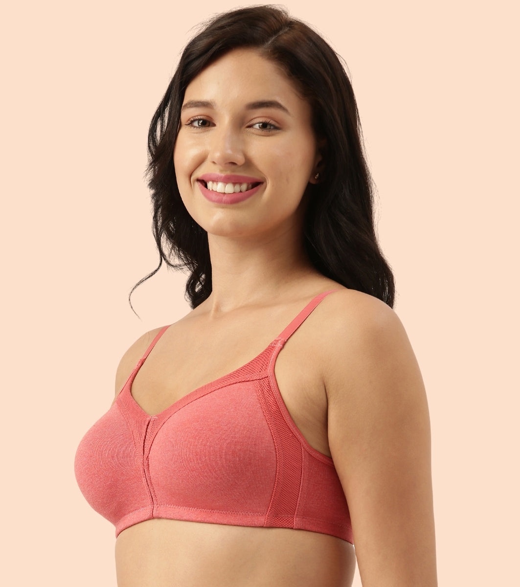 Enamor Fab-Cool AB75 M-frame Jiggle Control Full Support Stretch Cotton Bra for Women- Full Coverage, Non Padded and Wirefree - Tomato Melange