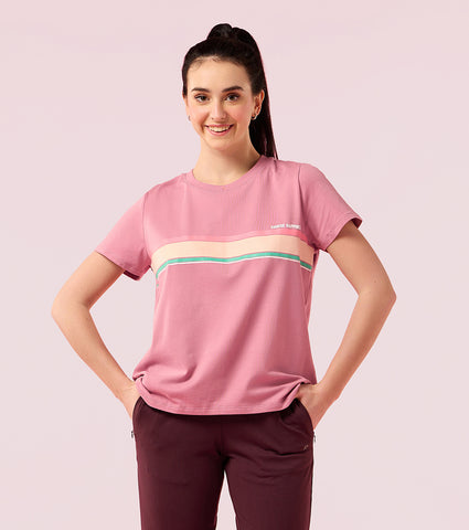 Enamor E3S5 Women Crew Neck Striped Stretch Cotton High-Low T-Shirt - Lilas/Pool Blue Strips