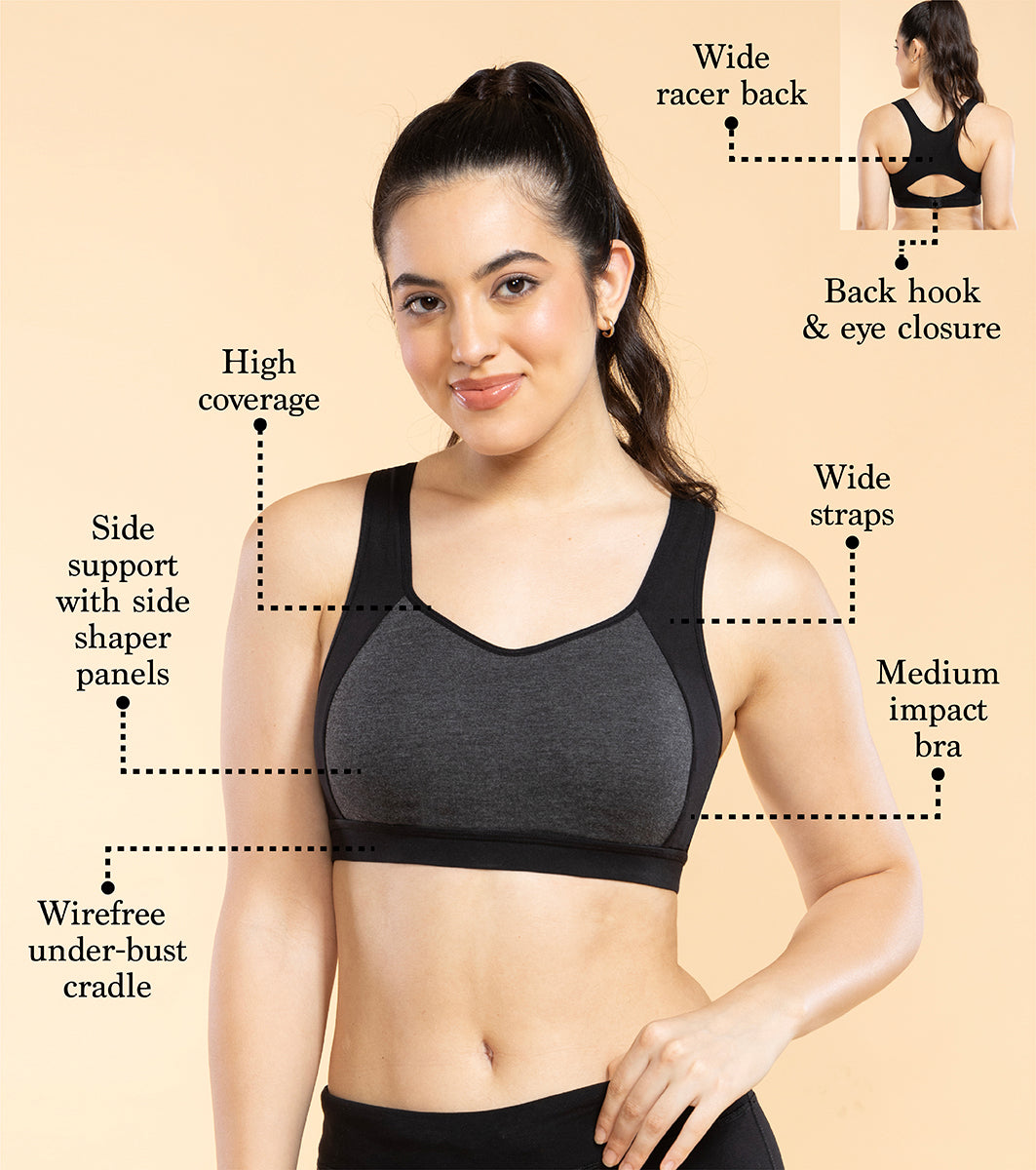 Enamor SB38 Medium Impact Cotton Sports Bra, Padded, Wire-Free, Full Coverage for Comfort