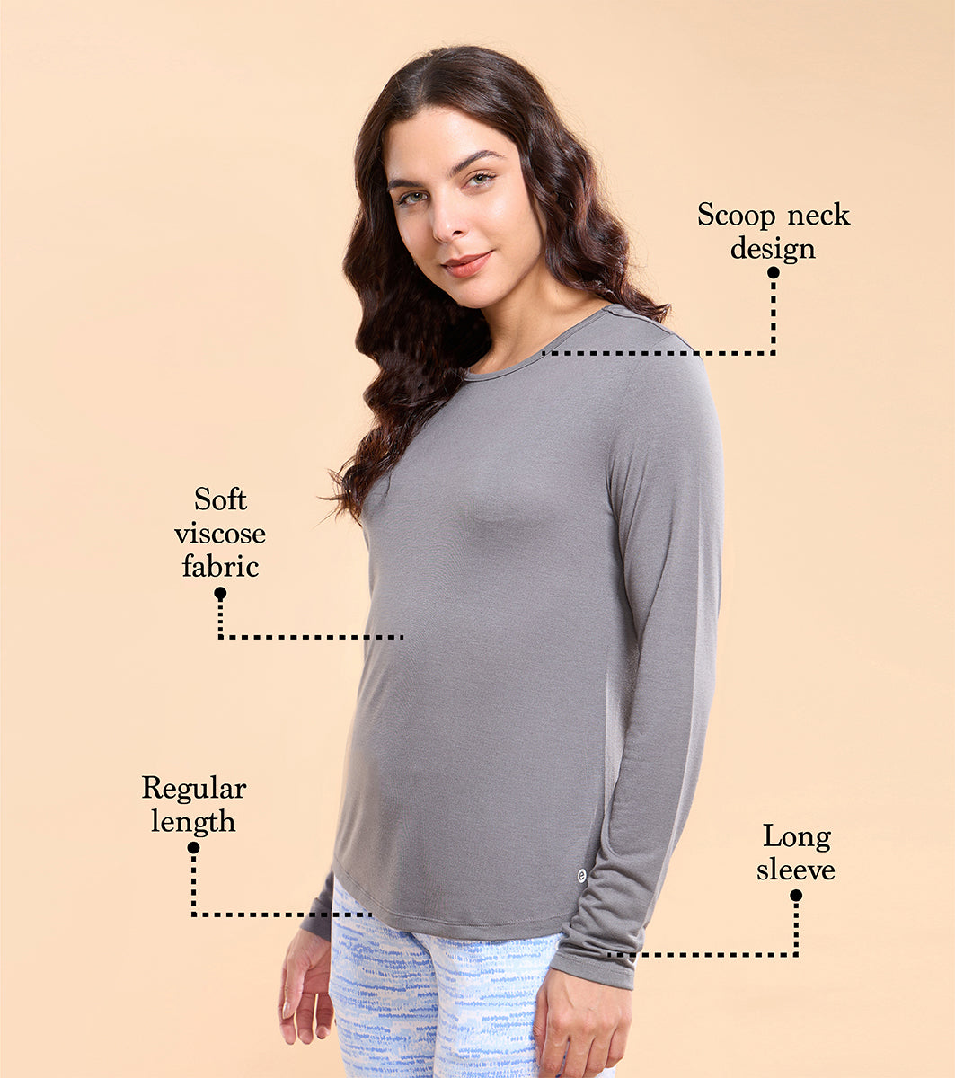 Enamor E309 Cozy Tee Viscose Scoop Neck Long Sleeves T-Shirt with Relaxed Fit