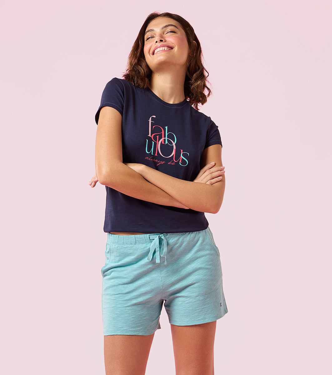 Enamor E062 Women Basic Shorts - Mid-Thigh Length Jersey Shorts With Pockets - Marine Blue