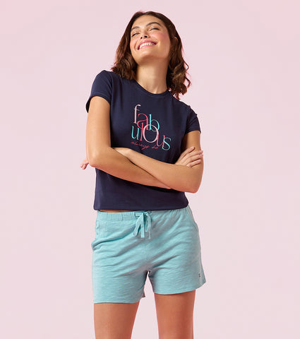 Enamor E062 Women Basic Shorts - Mid-Thigh Length Jersey Shorts With Pockets - Marine Blue