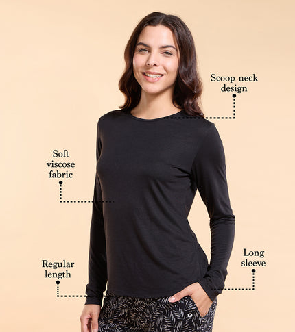 Enamor E309 Cozy Tee Viscose Scoop Neck Long Sleeves T-Shirt with Relaxed Fit