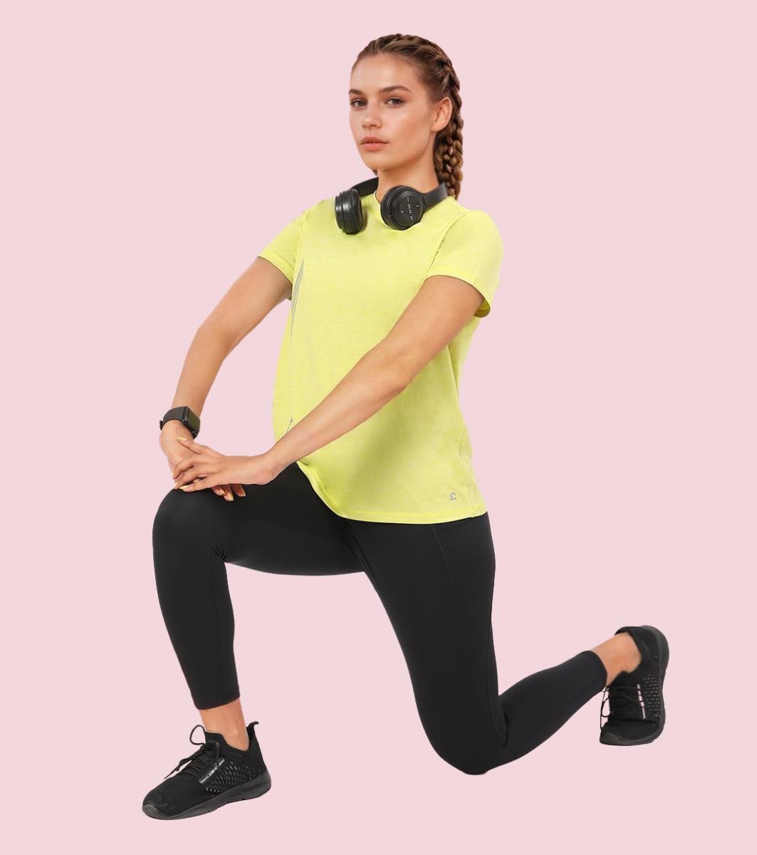 Enamor A309 Women Basic Workout Relaxed Fit Crew Neck Short Sleeve Tee with Reflective Active Graphic - Cyber Lime Mel