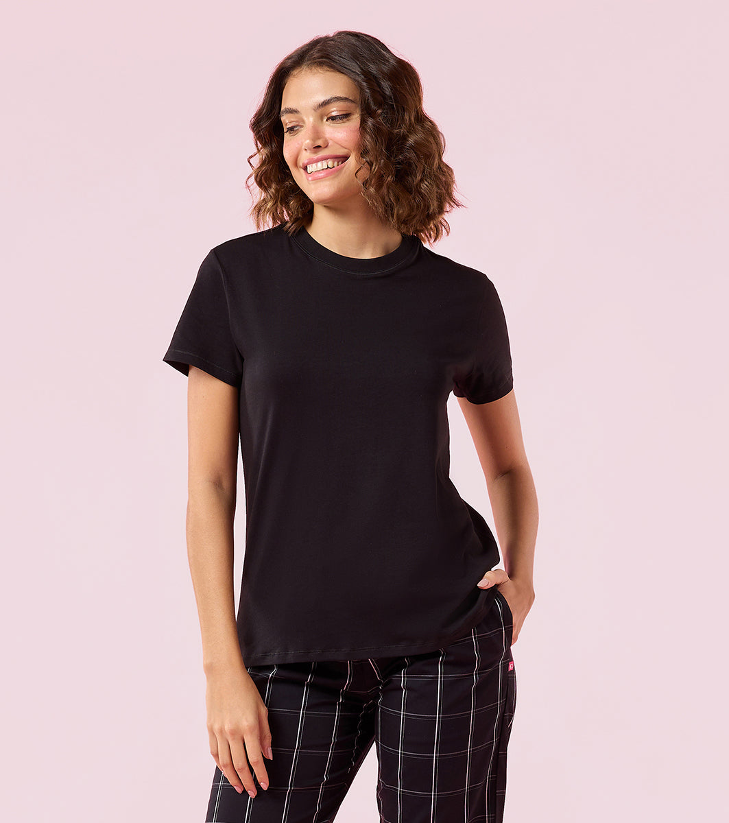 Enamor E311 Women Relaxed Fit Crew Neck Basic Stretch Cotton T-Shirt - Jet Black