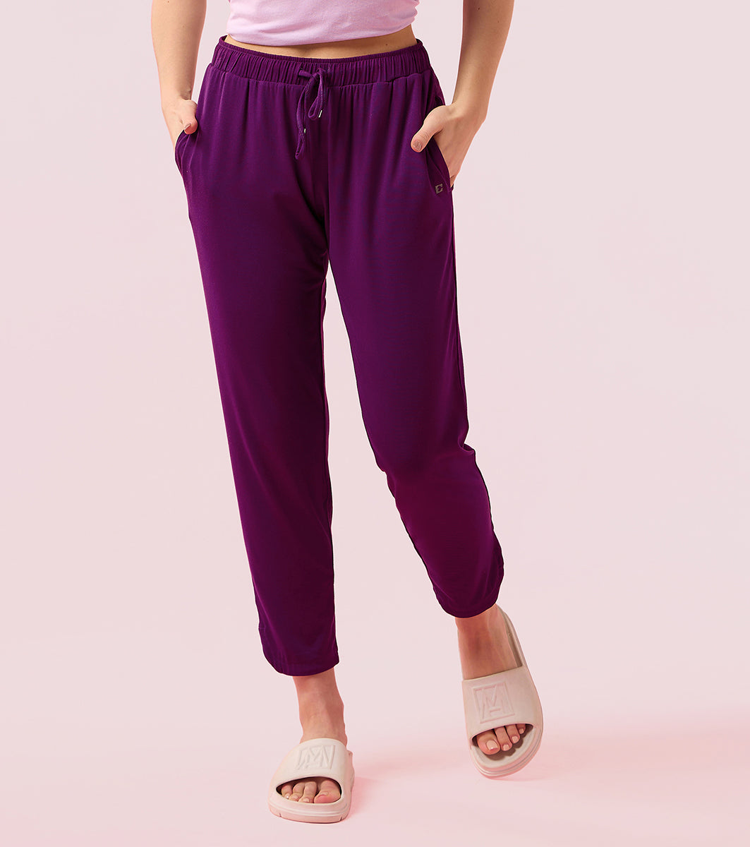 Enamor E048 Tapered Lounge Pants with Drawstring Details with Metal Ends - Dark Purple