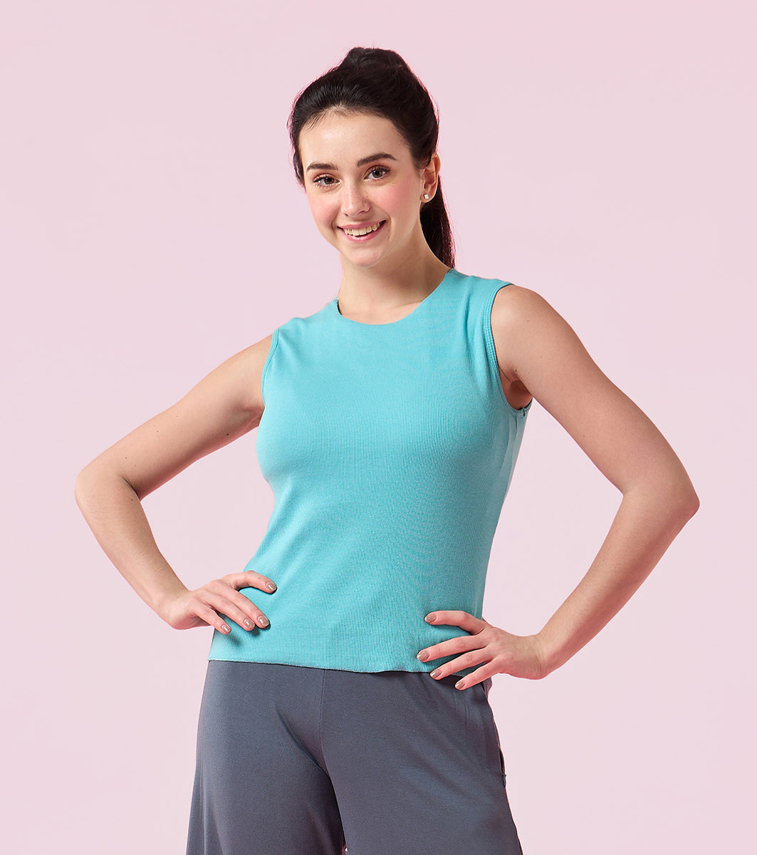 Enamor E310 Women Cotton Slim Fit Rib Crop Top with In-Built Shelf Bra with Comfort & Support - Marine Blue