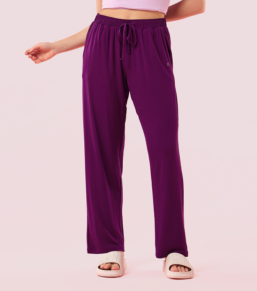 Enamor E404 Women's Home Pant - Relaxed Fit, Mid Rise, Regular Length, Straight Leg - Dark Purple