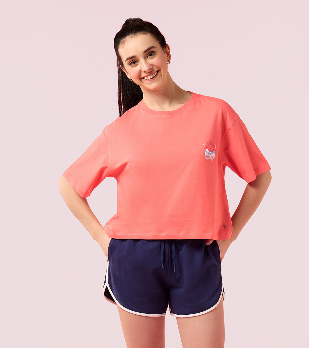 Enamor E3G5 Oversized Fit Square Crew Neck Cotton T-Shirt with Stylish Graphic Design - Coralpink Sunrise