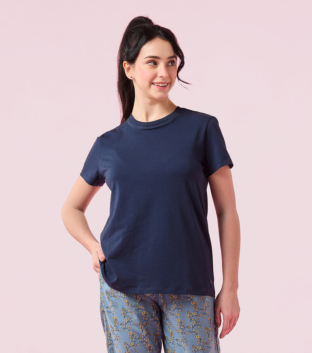 Enamor E311 Women Relaxed Fit Crew Neck Basic Stretch Cotton T-Shirt - Navy