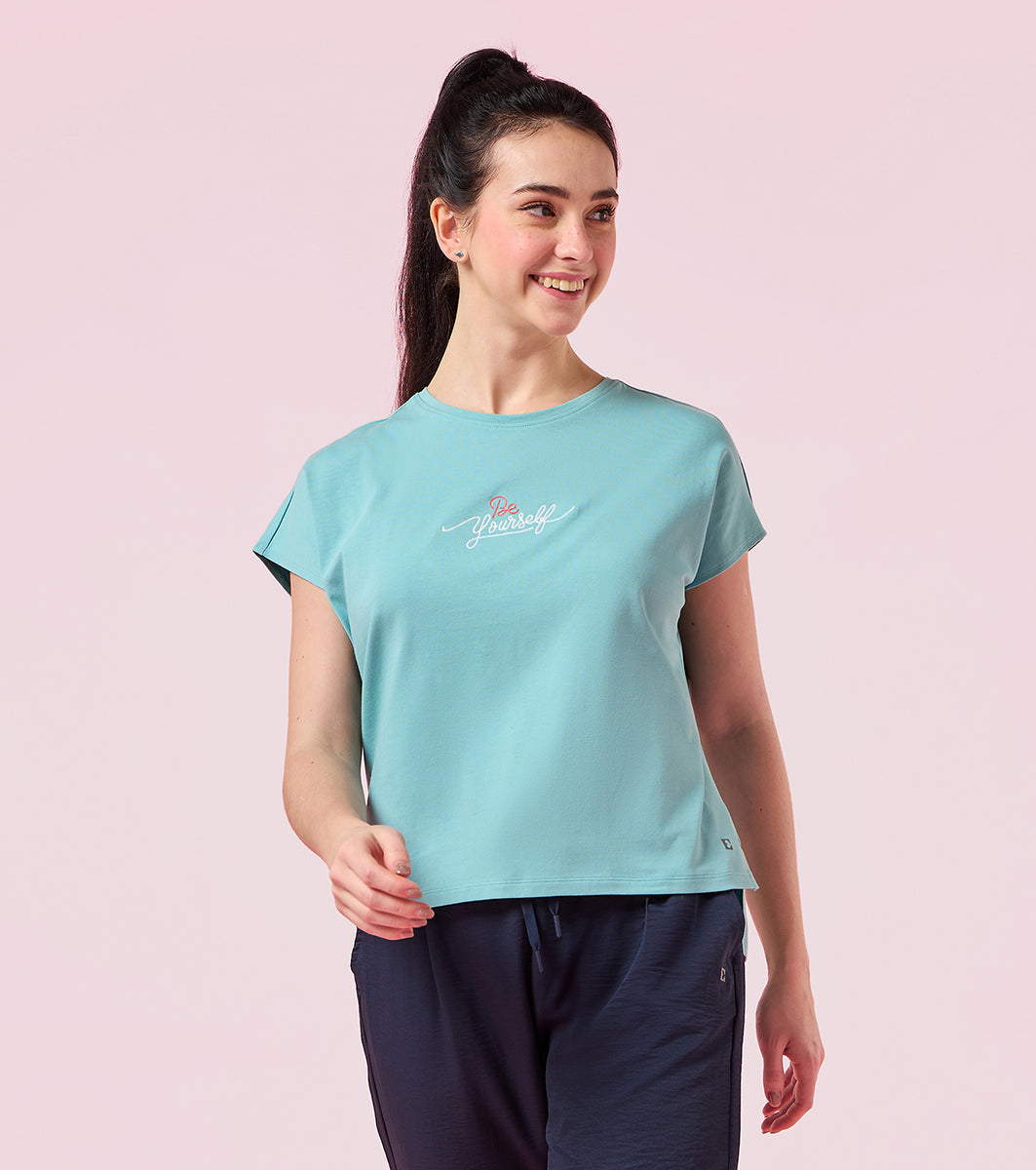 Enamor E3G7 Women Dolman Sleeve Crew Neck Cotton T-Shirt with Embroidered Graphic - Marine Blue Be Yourself