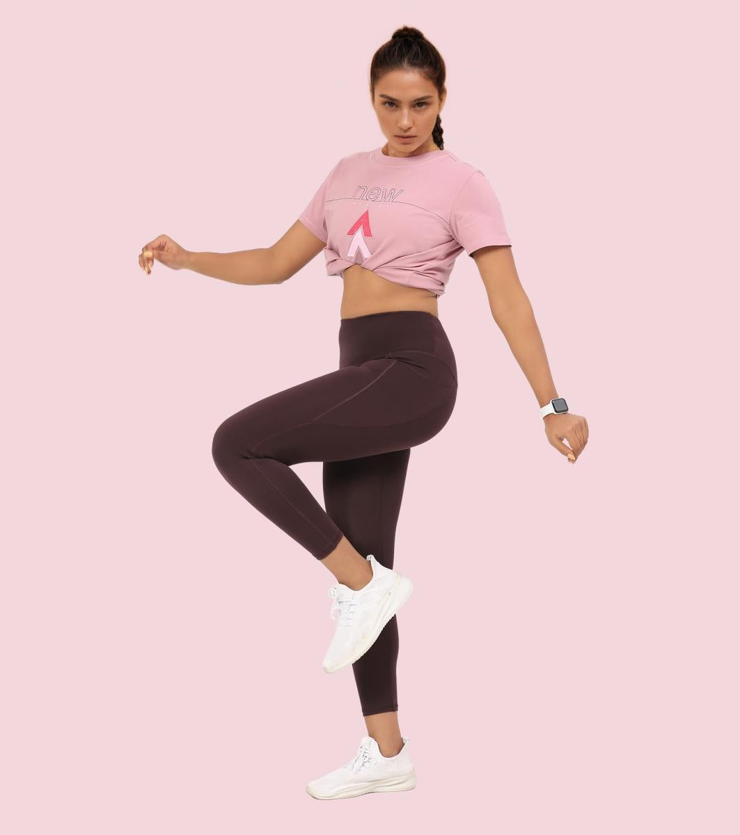 Enamor A605 Basic Quick Dry High Waist Basic Workout Leggings with Elasticated Waistband - Choco Fudge