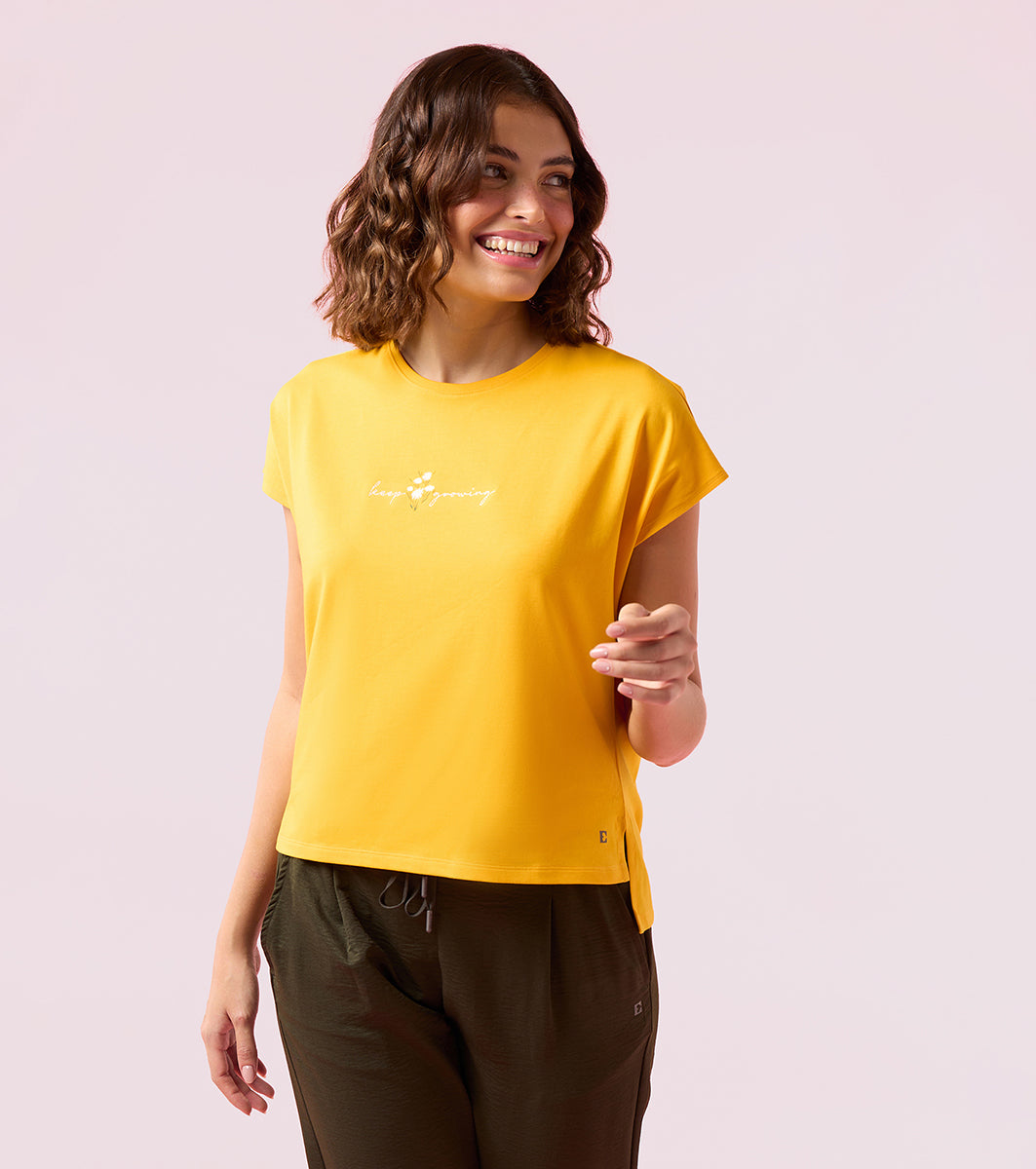 Enamor E3G7 Women Dolman Sleeve Crew Neck Cotton T-Shirt with Embroidered Graphic - Saffron Keep Growing