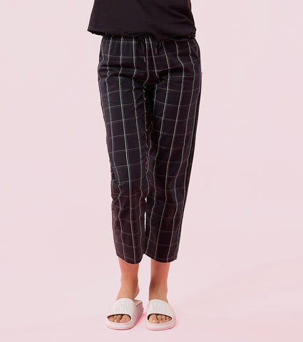 Enamor E4A5 Cotton Checkered Print Mid-Rise Relaxed Fit Hangout Pant - Black/White Checks