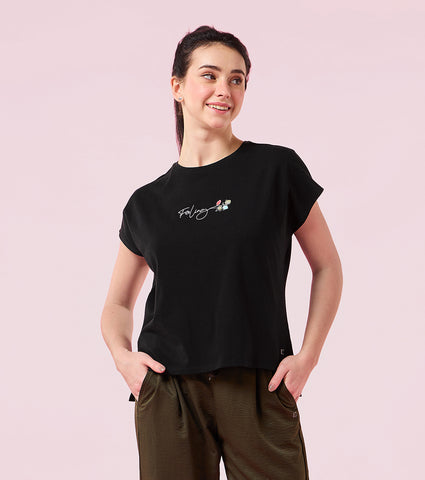 Enamor E3G7 Women Dolman Sleeve Crew Neck Cotton T-Shirt with Embroidered Graphic - Jetblack Feeling