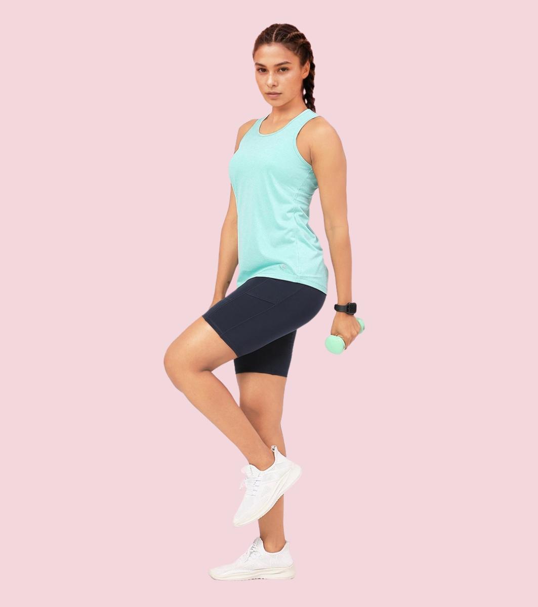 Enamor A308 Women Crew Neck Sleeveless Slim Fit Activewear Workout T-Shirt - Pool Blue Mel