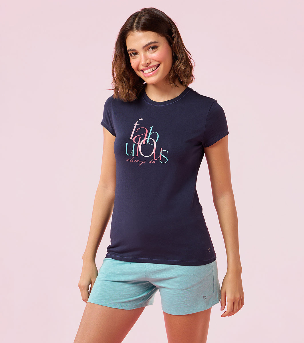 Enamor E147 Short Sleeve Crew Neck Stretch Cotton T-Shirt with Graphic Print - Navy Fabulous