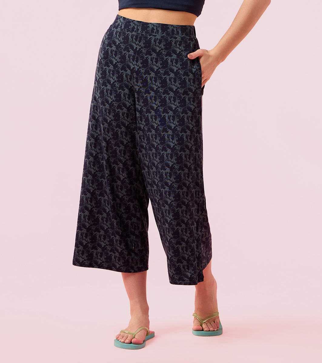 Enamor Essentials EA64 Shop In Culotte | Crop Length Culotte With Smart Side Slits - Navy Abstract