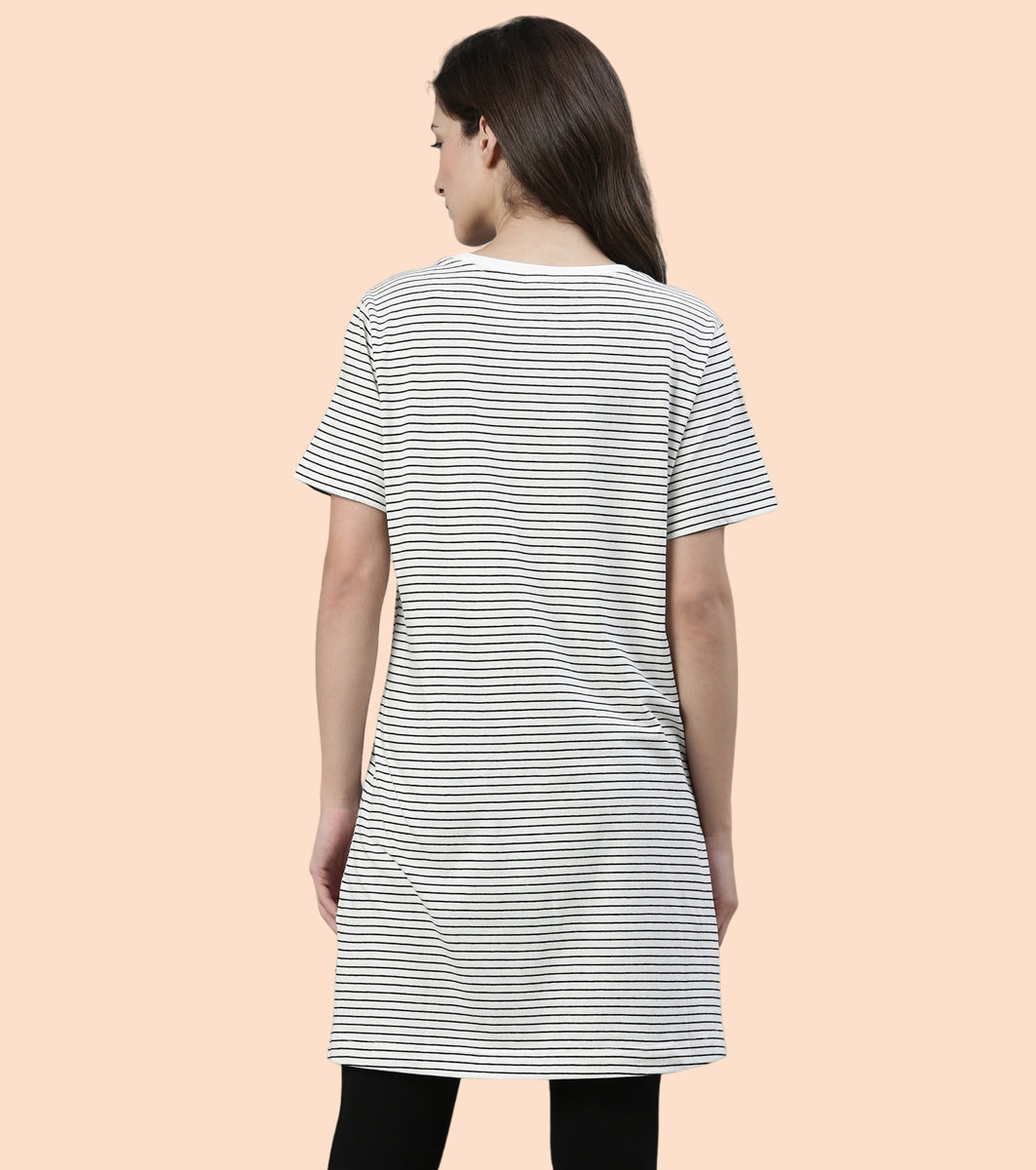 Tunic Tee – Stripes | Short Sleeve Tunic Tee With Side Slit & Mindful Graphic