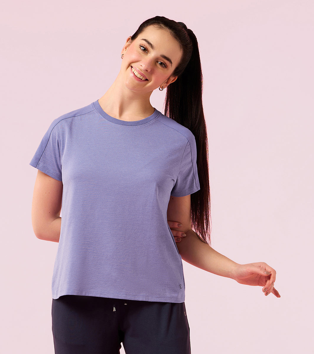 Enamor E306 Women Stretch Cotton with Rib Neck Band Cut & Sew Relaxed Fit T-Shirt - Chalky Violet Mel