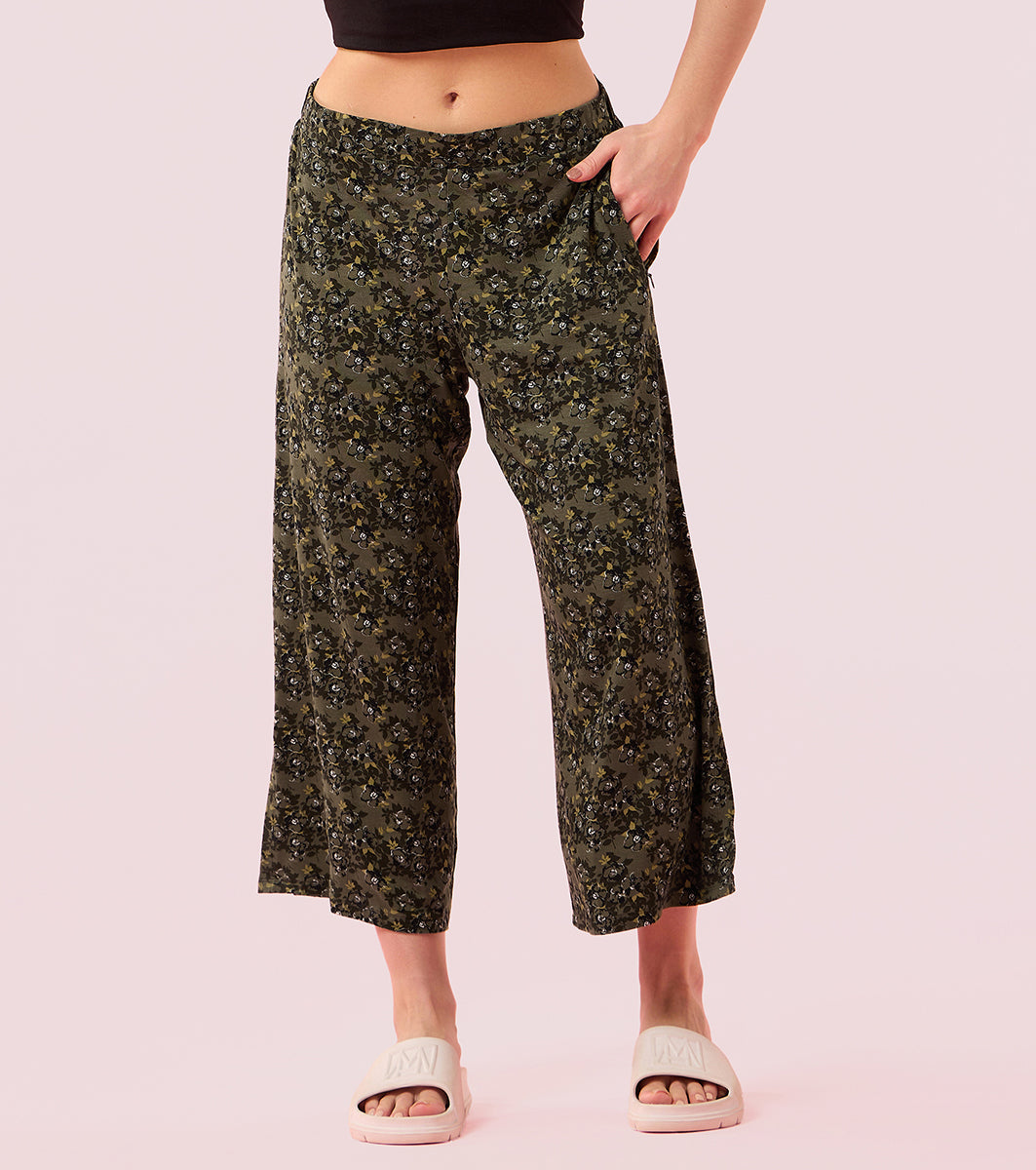 Enamor Essentials EA64 Shop In Culotte | Crop Length Culotte With Smart Side Slits - Olive Floral