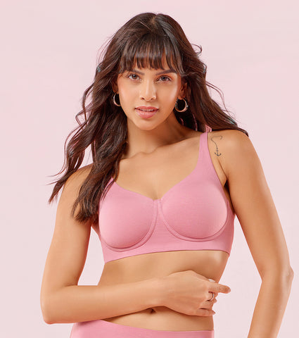 Enamor IO05 Padded Wire-Free High Coverage Bamboo Cotton T-Shirt Bra - Rose Blush