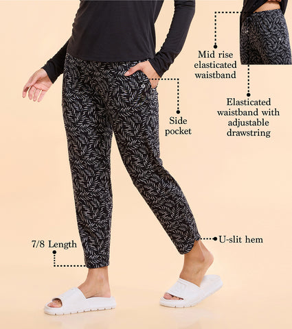 Enamor Essentials E048 Printed Tapered Lounge Pants With Self Fabric Drawstring With Metal Ends