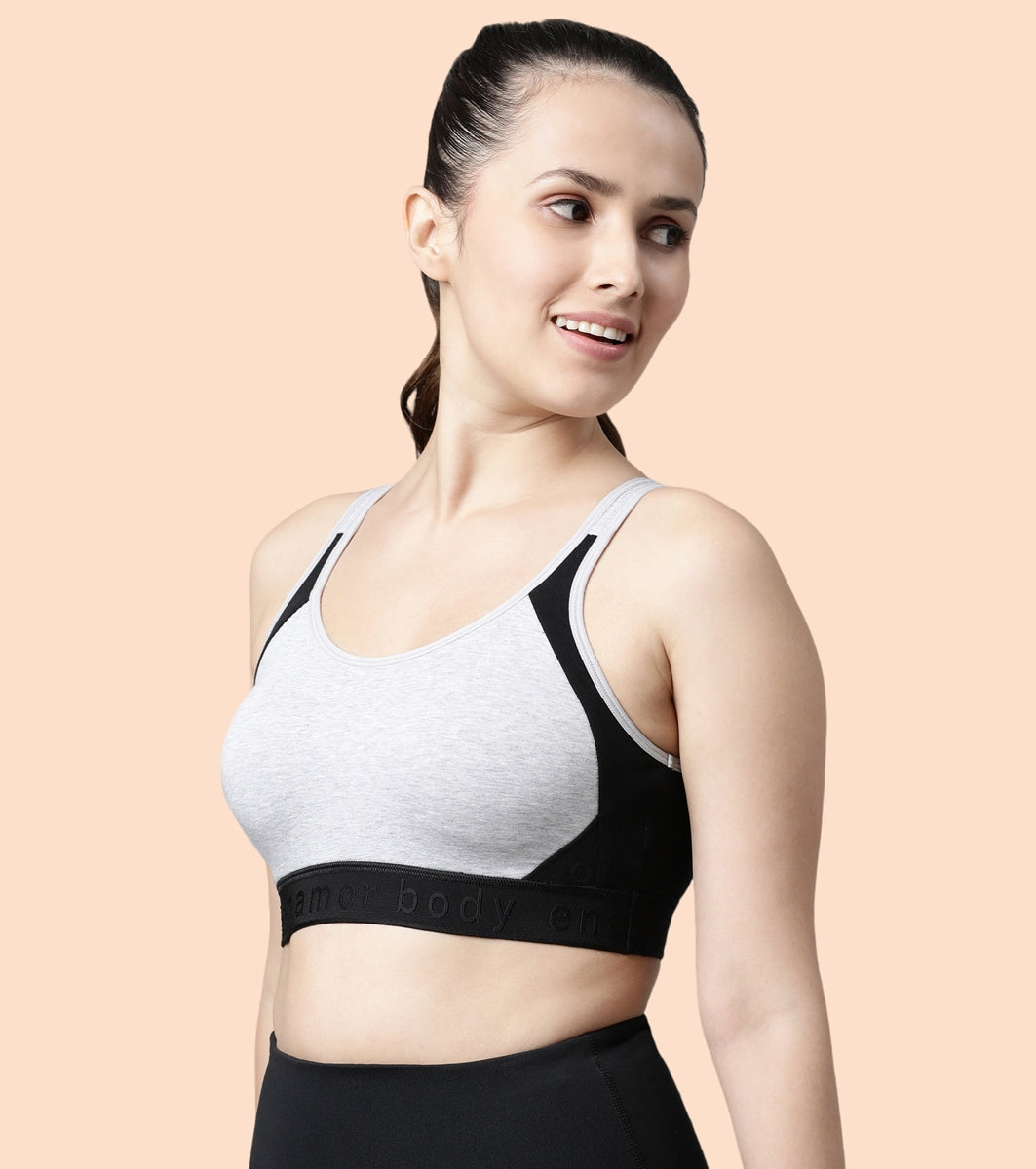 Enamor Agion SB28 Antimicrobial Side Shaper Active Sports Bra for Women - Non Padded, Wirefree and High Coverage - Grey Melange