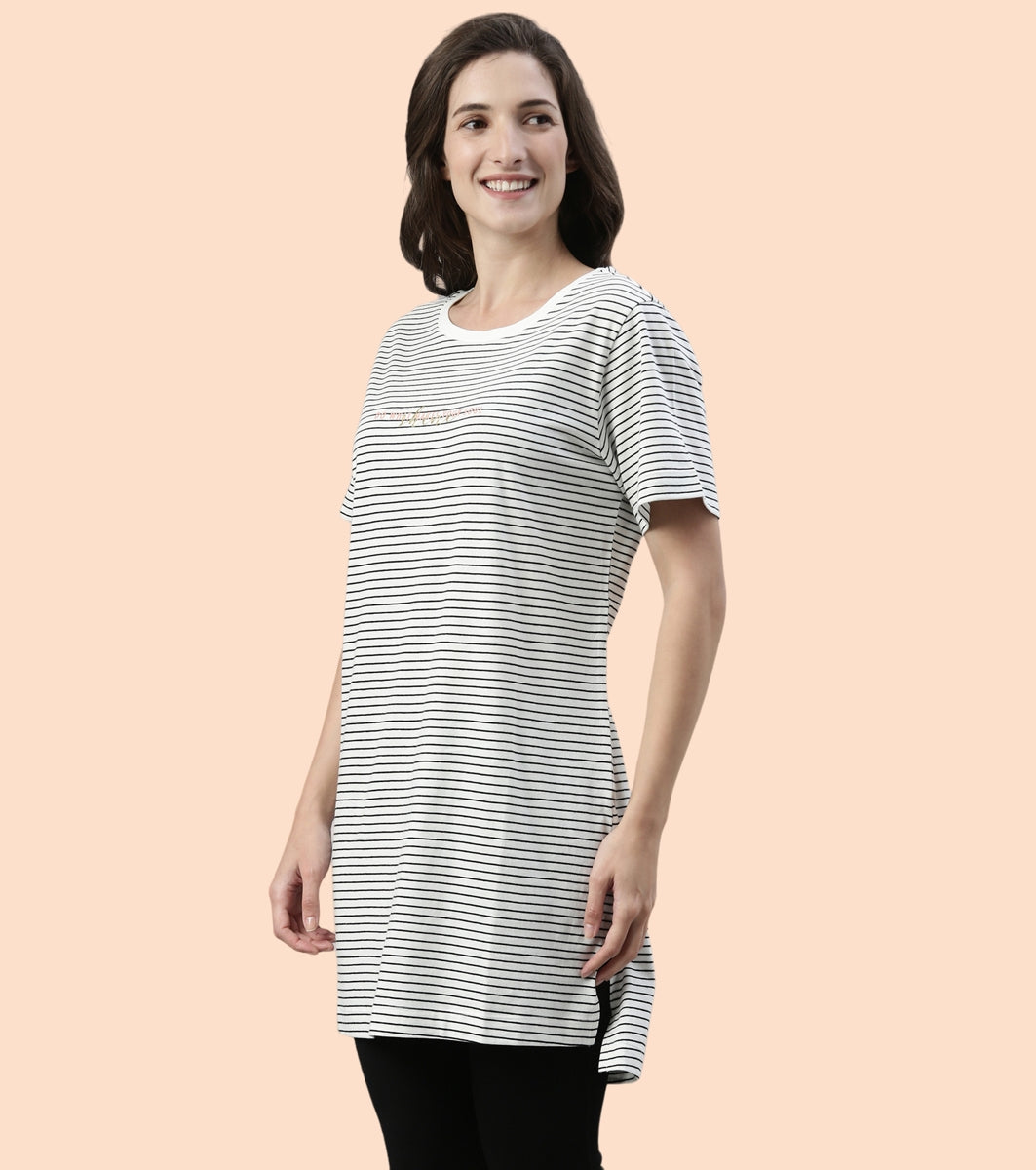 Tunic Tee – Stripes | Short Sleeve Tunic Tee With Side Slit & Mindful Graphic