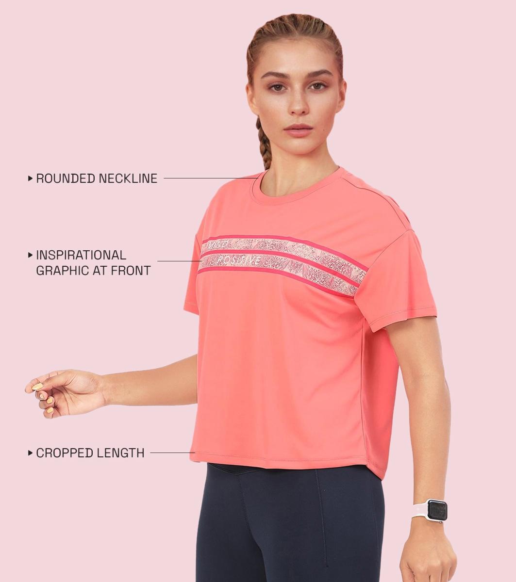 Enamor A311 Typographic Printed Drop Shoulder Sleeves Relaxed Fit Crop T-shirt - Coral Pink-Mind Positive