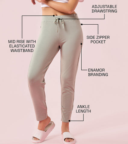 Enamor E060 Women Slim Fit Mid Rise French Terry Ankle length Lounge Pants - Jade