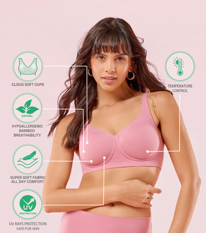 Enamor IO05 Padded Wire-Free High Coverage Bamboo Cotton T-Shirt Bra - Rose Blush