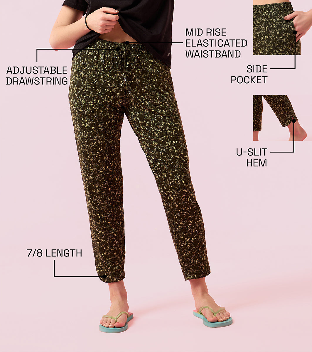 Enamor E048 Tapered Lounge Pants with Drawstring Details with Metal Ends - Sap Green Bloom Prt