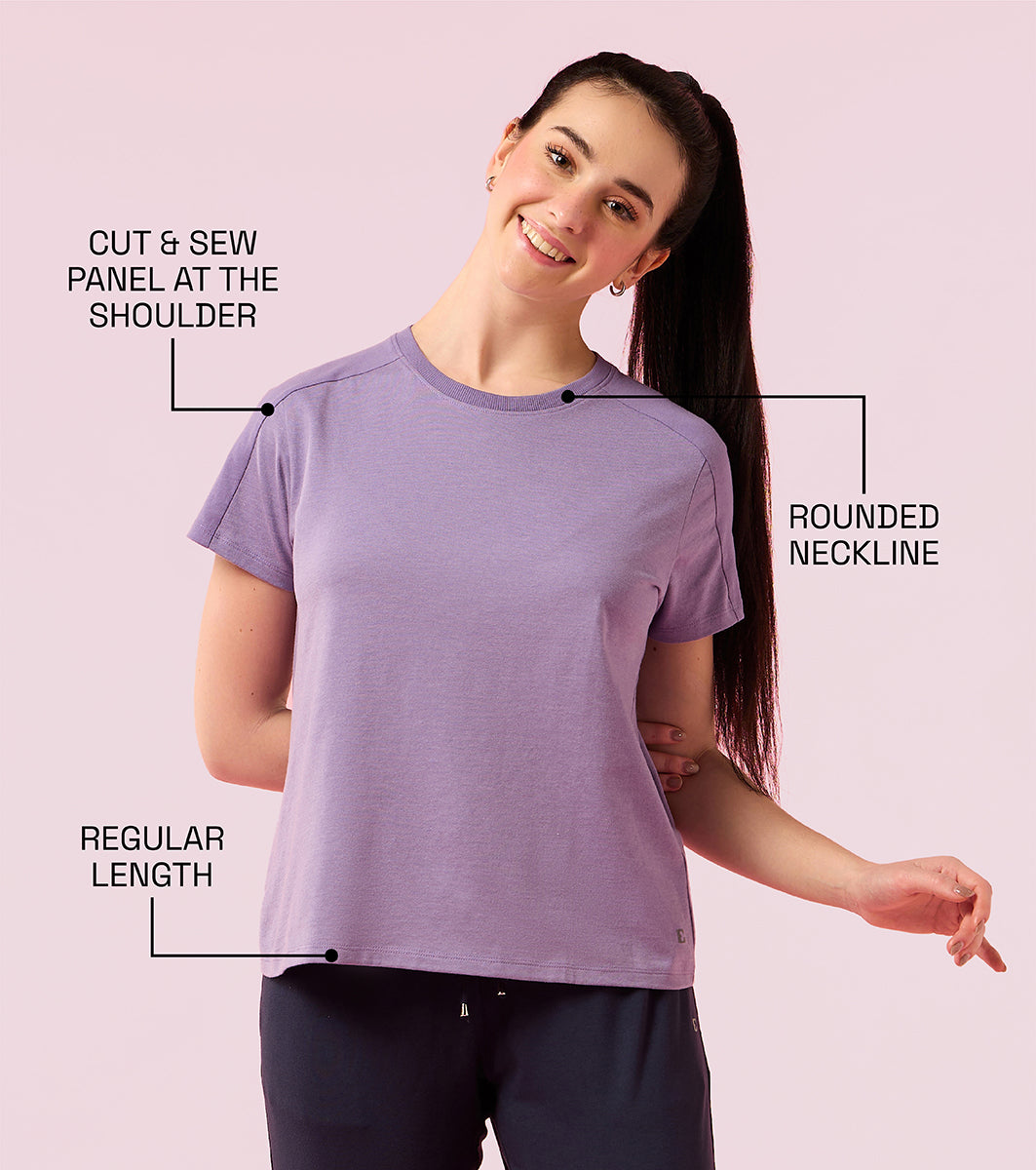 Enamor E306 Women Stretch Cotton with Rib Neck Band Cut & Sew Relaxed Fit T-Shirt - Chalky Violet Mel