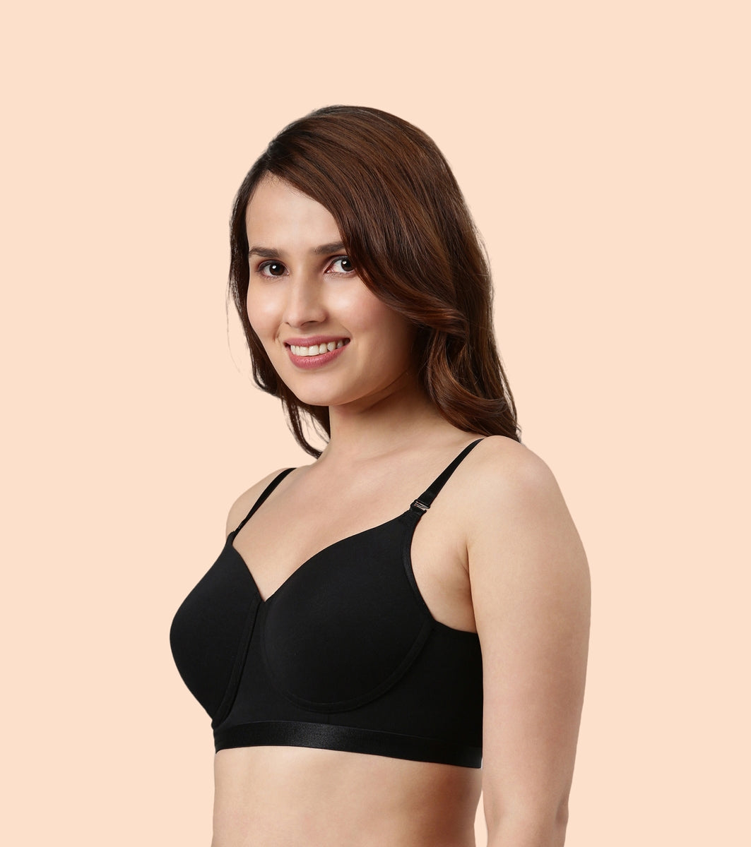 Enamor Fab-Cool A165 Antimicrobial Ultimate Coverage Cotton T-shirt Bra for Women- High Coverage, Padded and Wirefree - Black