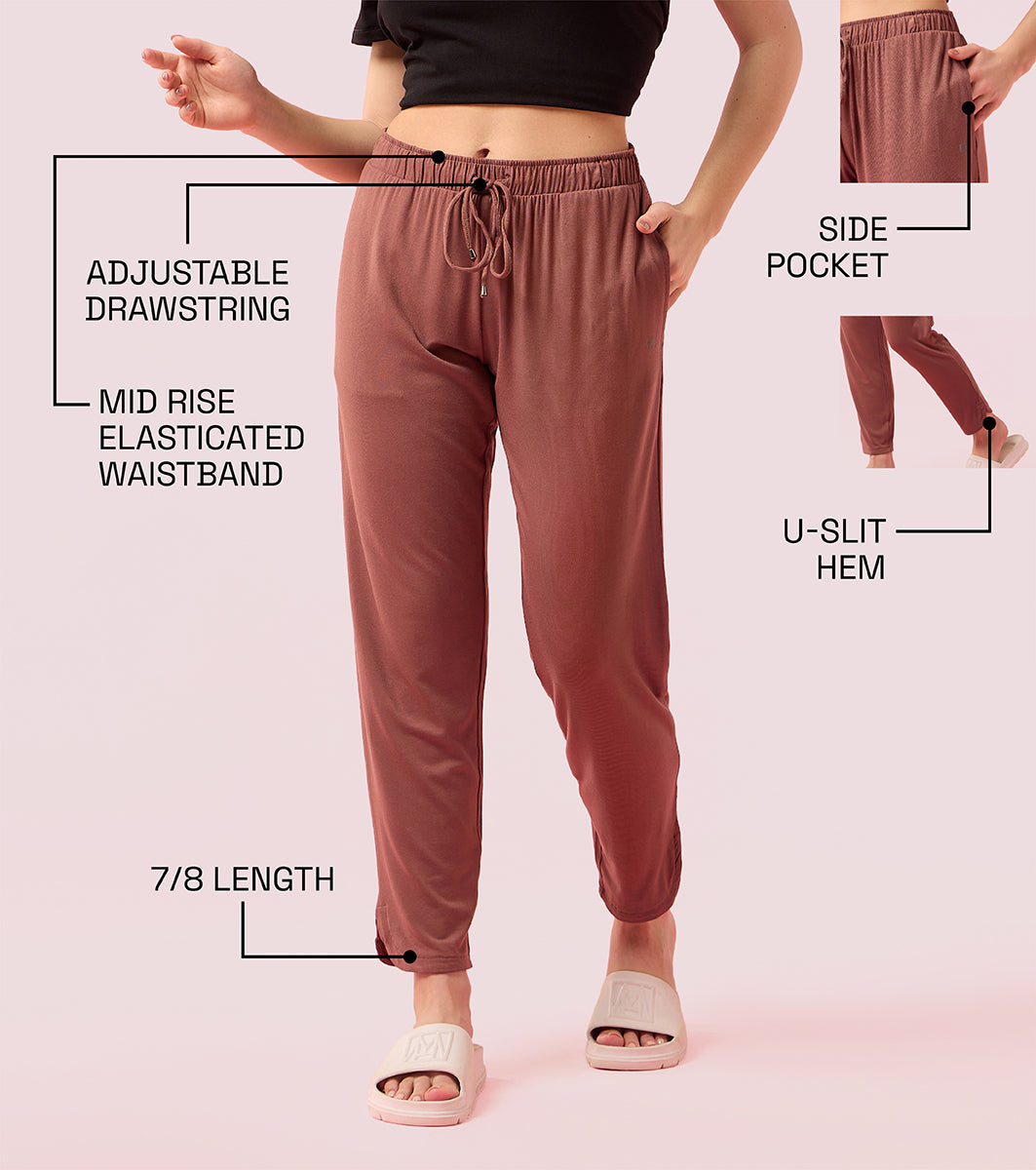 Enamor E048 Tapered Lounge Pants with Drawstring Details with Metal Ends - Nutmeg